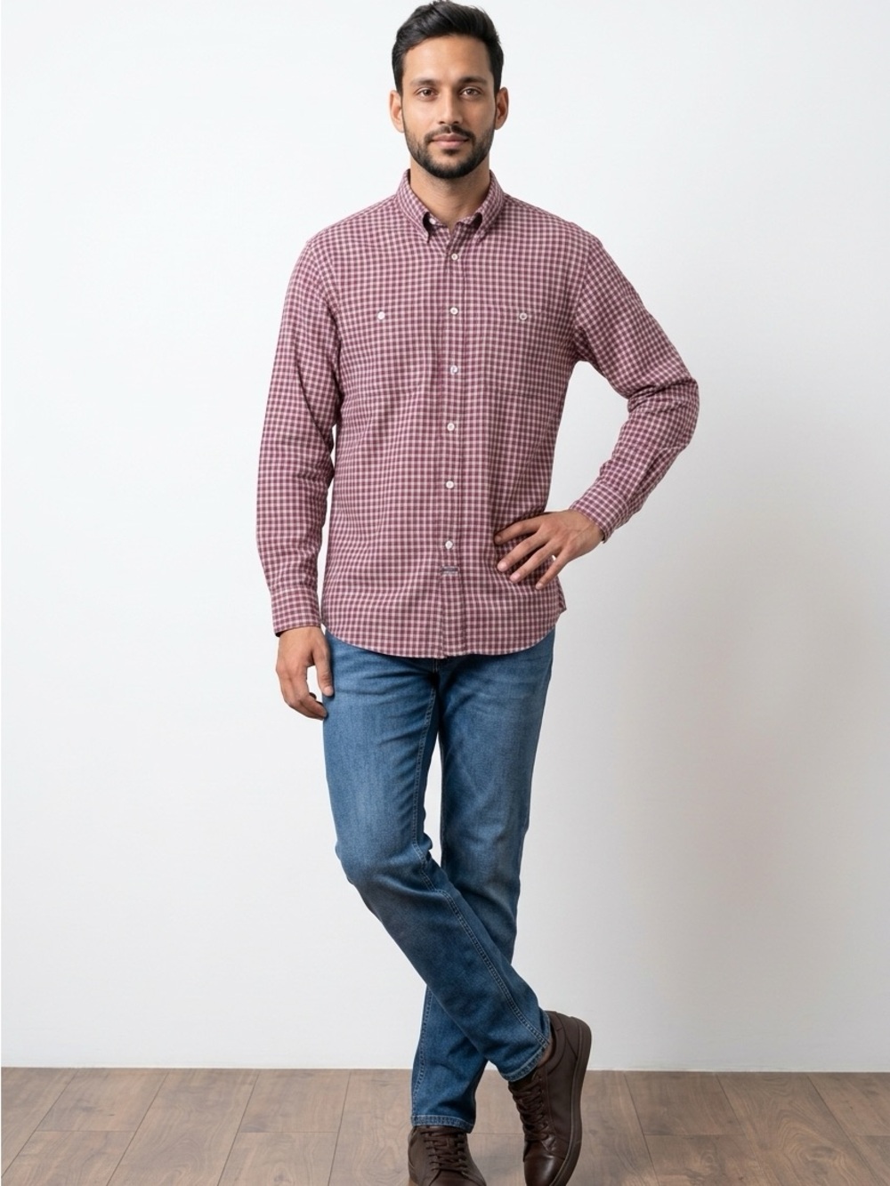 Men's Button-Down Check Shirt in Maroon
